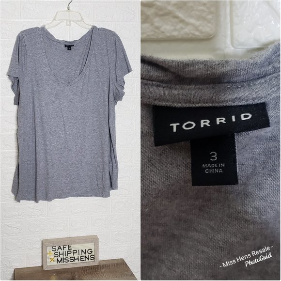 TORRID EUC V NECK STRETCHY HEATHER GREY TEE SHIRT TOP - Picture 2 of 5